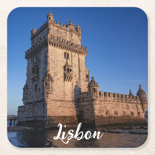 Belem tower at sunset in Lisbon, Portugal Square Paper Coaster (Front)
