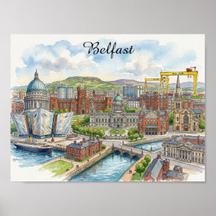 Belfast Northern Ireland CIty View Watercolor Art Poster