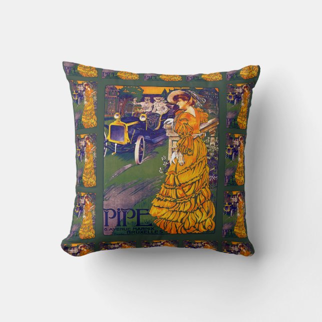Belgian Art Nouveau Automobile Ad Throw Pillow (Front)