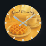 Belgian Breakfast Waffle Clock – Good Morning Vibe<br><div class="desc">Bring the charm of a Belgian café into your home with this cozy wall clock featuring a warm waffle and steaming cup of coffee. Perfect for kitchens, cafés, or anyone who loves morning vibes and Belgian delights. A soft golden tone creates a comforting atmosphere, while the “Good Morning” greeting adds...</div>