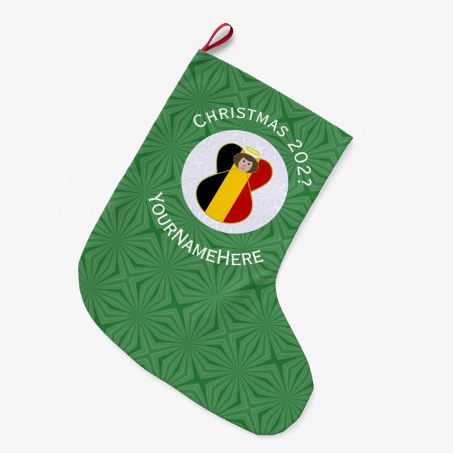 Belgian Flag Angel Christmas Personalized  Large Christmas Stocking (Front (Hanging))