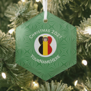 Belgian Flag Christmas Angel Name Year Hexagon Glass Ornament