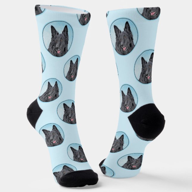 Belgian Groenendael Sheepdog Black Painting Dog Ar Socks (Angled)