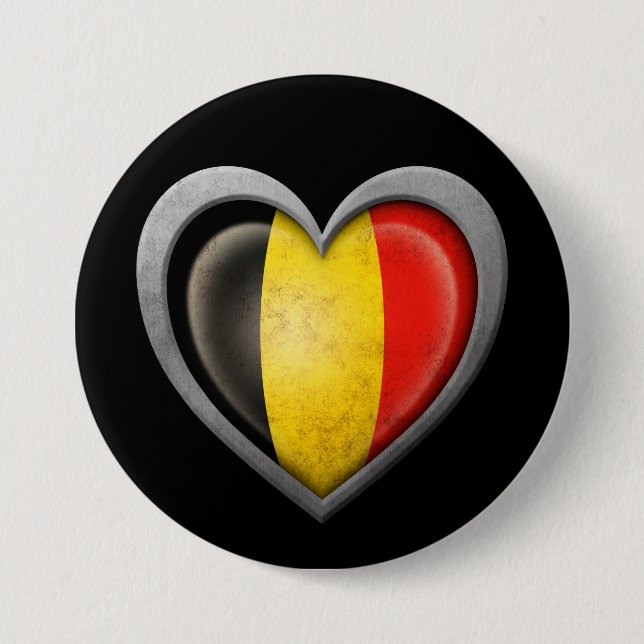 Belgian Heart Flag with Metal Effect 3 Inch Round Button (Front)