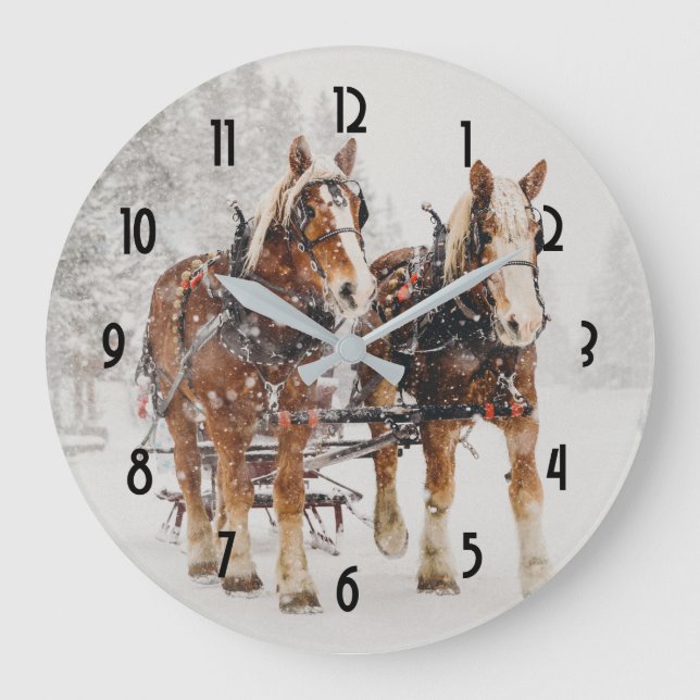 Belgian Horse Team Wintery Christmas Scene Large Clock (Front)
