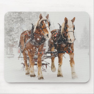 Belgian Horse Team Wintery Christmas Scene Mouse Pad