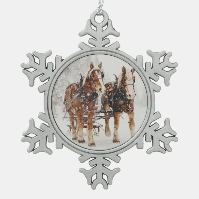 Belgian Horse Team Wintery Christmas Scene Snowflake Pewter Christmas Ornament (Front)