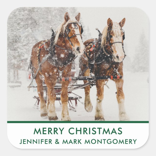 Belgian Horse Team Wintery Christmas Scene Square Sticker (Front)