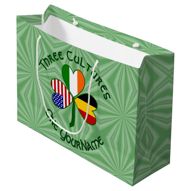 Belgian Irish American Shamrock Flag Personalized  Large Gift Bag (Front Angled)