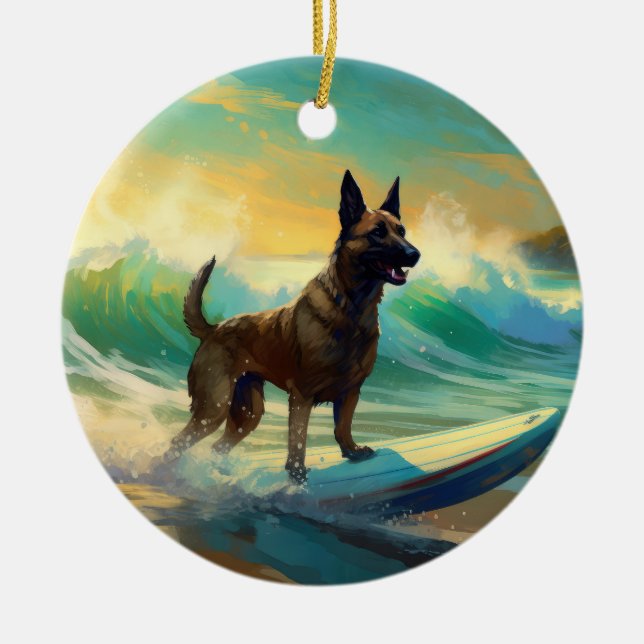 Belgian Malinoi Beach Surfing Painting Ceramic Ornament (Front)