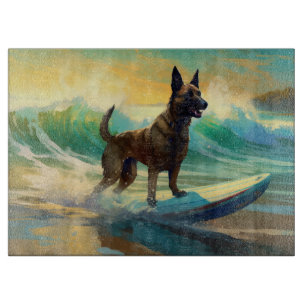 Belgian Malinoi Beach Surfing Painting Cutting Board
