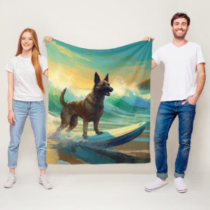 Belgian Malinoi Beach Surfing Painting Fleece Blanket