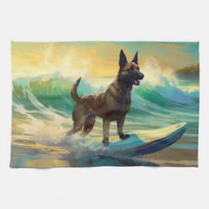 Belgian Malinoi Beach Surfing Painting Kitchen Towel