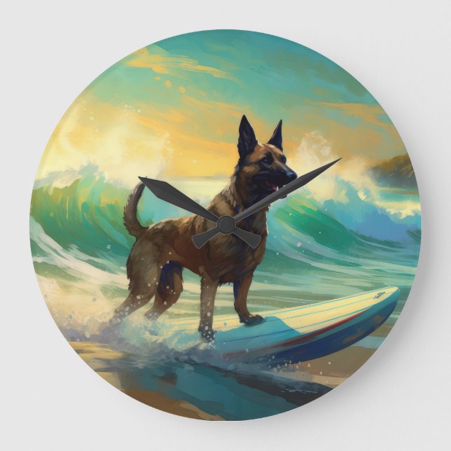 Belgian Malinoi Beach Surfing Painting Large Clock (Front)