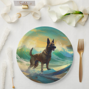Belgian Malinoi Beach Surfing Painting Paper Plate
