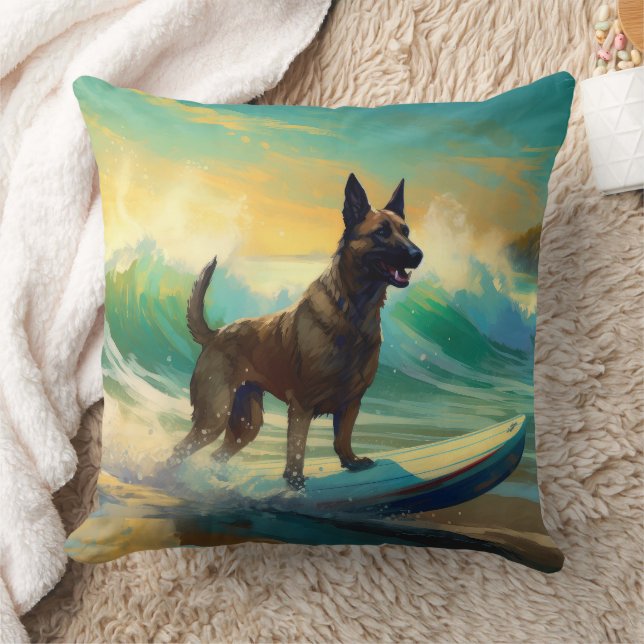 Belgian Malinoi Beach Surfing Painting Throw Pillow (Blanket)