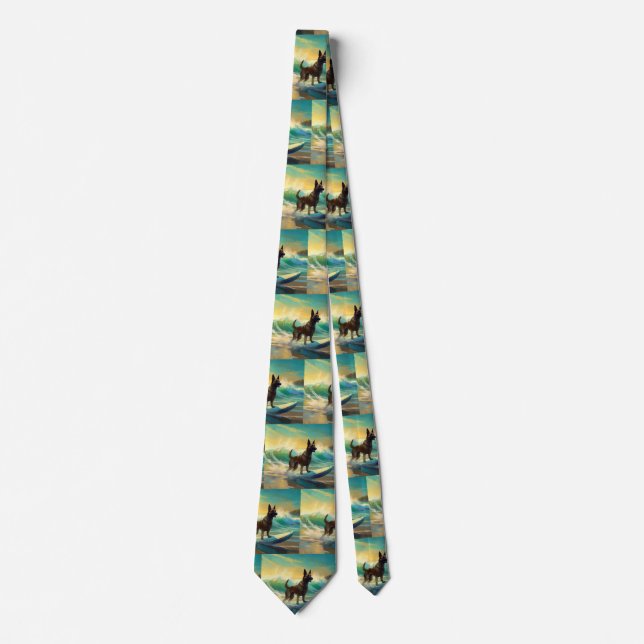 Belgian Malinoi Beach Surfing Painting Tie (Front)