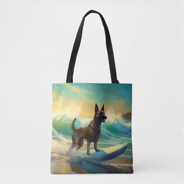 Belgian Malinoi Beach Surfing Painting Tote Bag (Front)