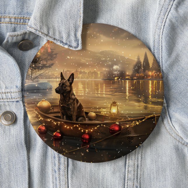 Belgian Malinoi Christmas Festive Voyage 6 Inch Round Button (In Situ)