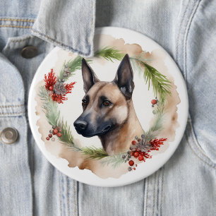 Belgian Malinoi Christmas Wreath Festive Pup 6 Inch Round Button