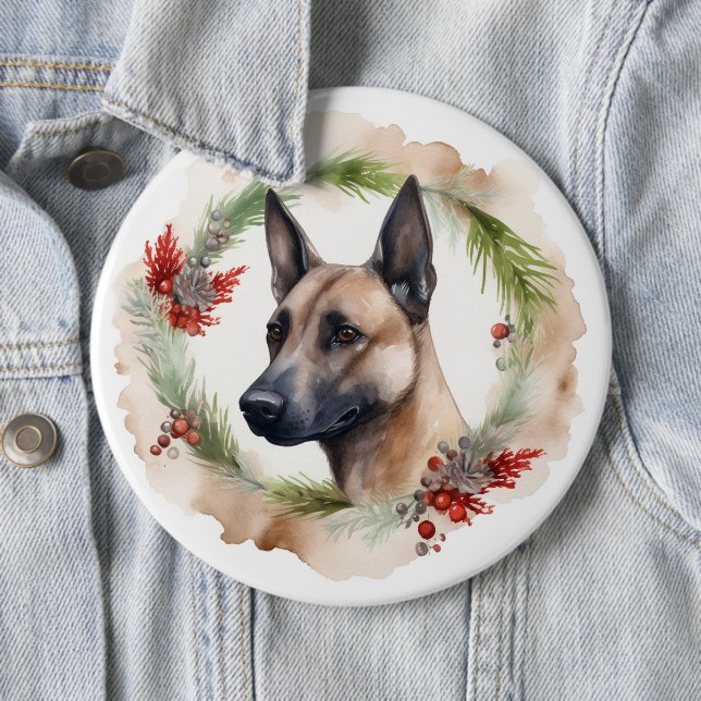 Belgian Malinoi Christmas Wreath Festive Pup  6 Inch Round Button (In Situ)