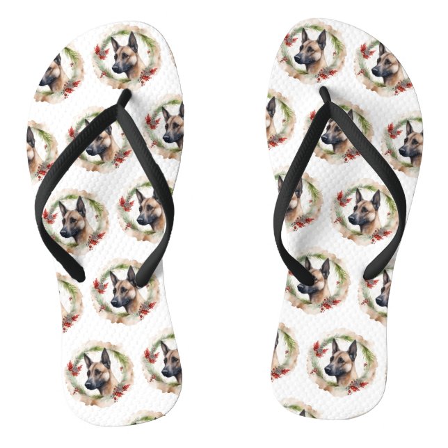 Belgian Malinoi Christmas Wreath Festive Pup  Flip Flops (Footbed)