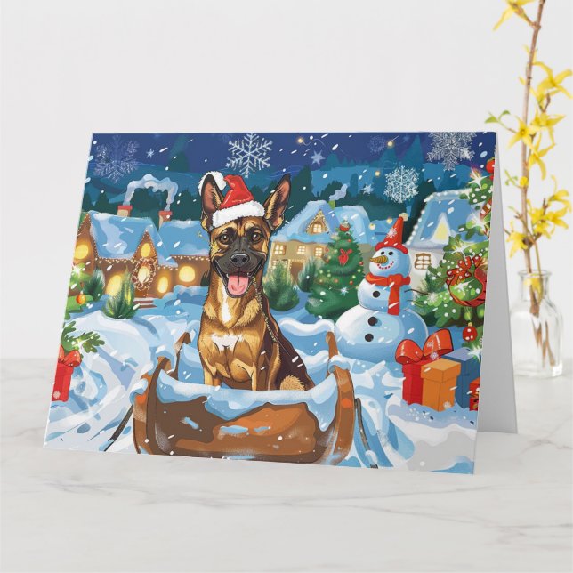 Belgian Malinoi Dog in Sleigh Snow Christmas Card (Yellow Flower)
