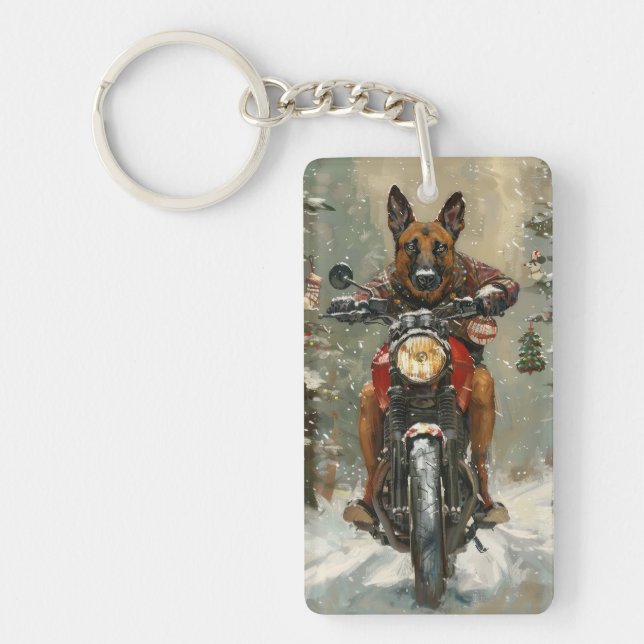 Belgian Malinoi Dog Riding Motorcycle Christmas  Keychain (Front)
