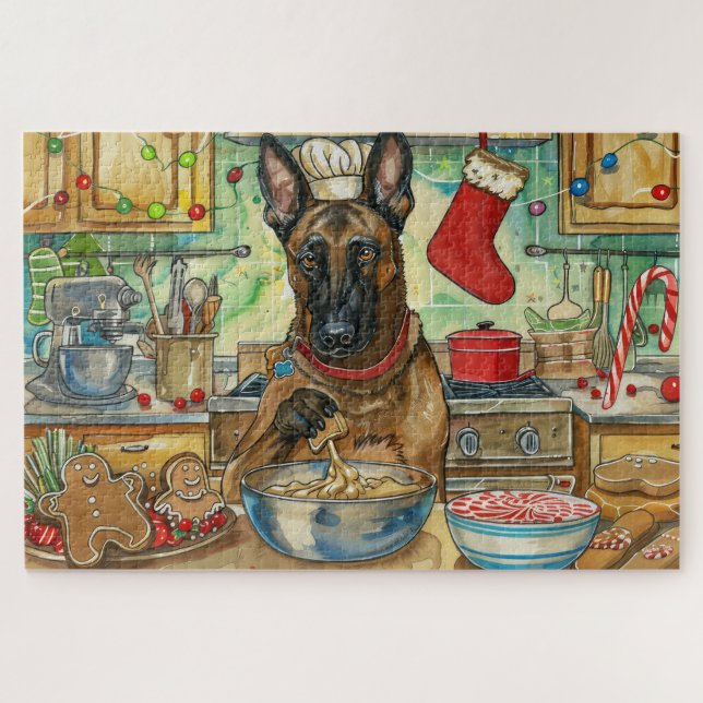 Belgian Malinoi Holiday Baking: Festive Christmas Jigsaw Puzzle (Horizontal)