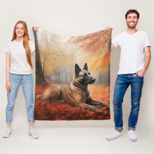 Belgian Malinoi in Autumn Leaves Fall Inspire  Fleece Blanket