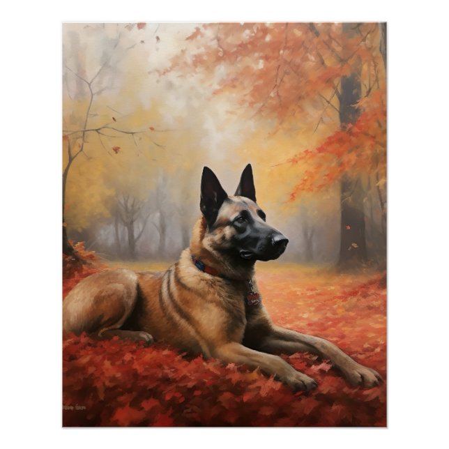 Belgian Malinoi in Autumn Leaves Fall Inspire  Poster (Front)