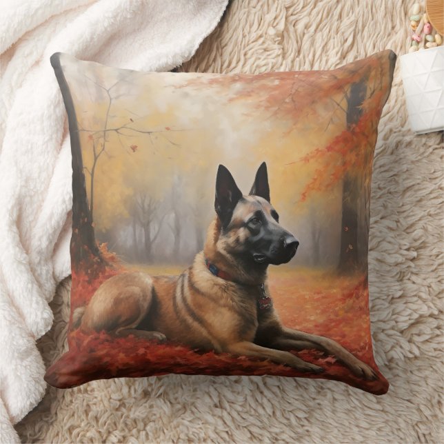 Belgian Malinoi in Autumn Leaves Fall Inspire  Throw Pillow (Blanket)