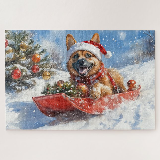Belgian Malinoi in Sledge Let it Snow Christmas Jigsaw Puzzle (Horizontal)