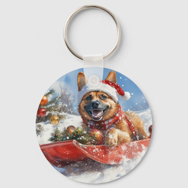 Belgian Malinoi in Sledge Let it Snow Christmas Keychain (Front)