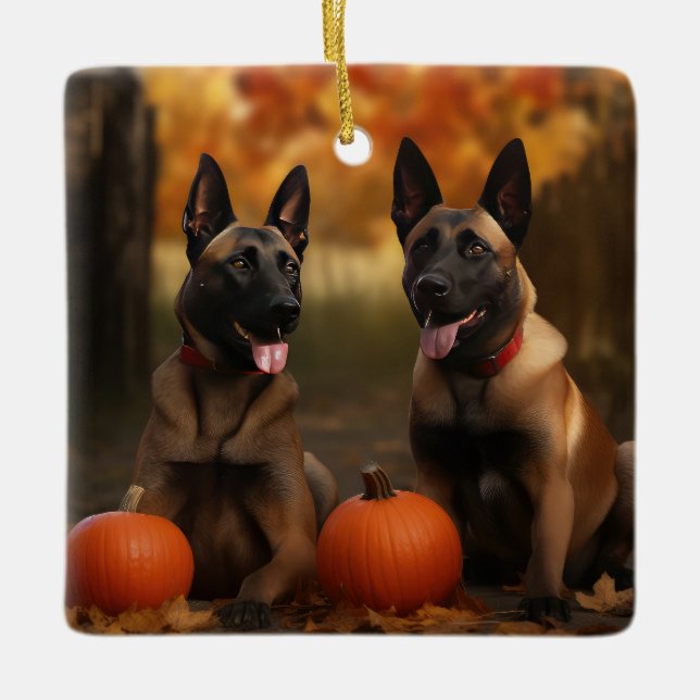 Belgian Malinoi Puppy Autumn Delight Pumpkin  Ceramic Ornament (Front)
