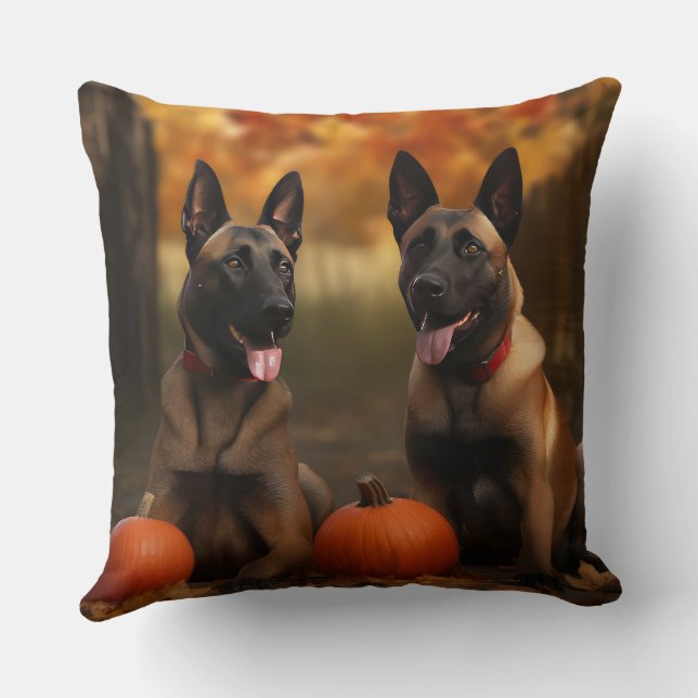 Belgian Malinoi Puppy Autumn Delight Pumpkin  Throw Pillow (Back)
