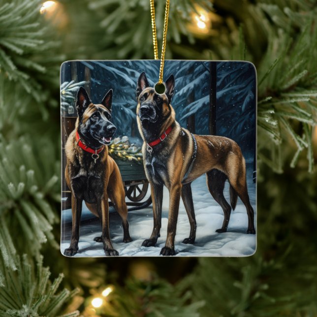 Belgian Malinoi Snowy Sleigh Christmas Decor Ceramic Ornament (Tree)