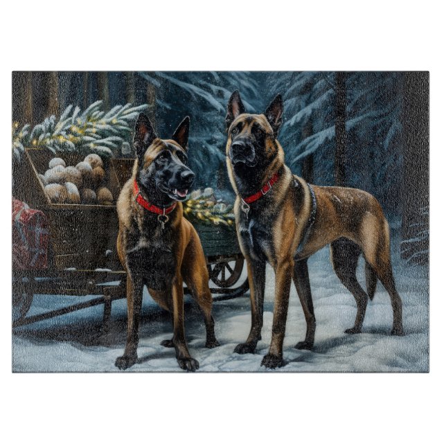 Belgian Malinoi Snowy Sleigh Christmas Decor Cutting Board (Front)