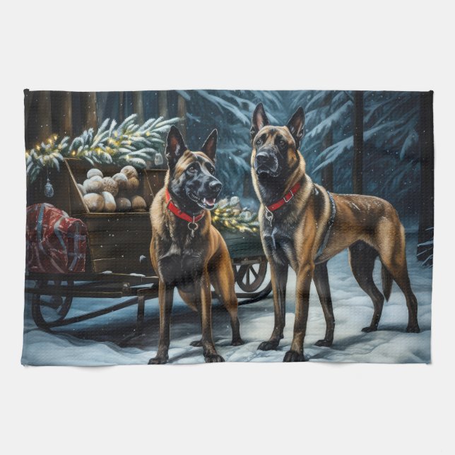 Belgian Malinoi Snowy Sleigh Christmas Decor Kitchen Towel (Horizontal)