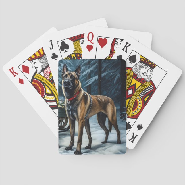 Belgian Malinoi Snowy Sleigh Christmas Decor Playing Cards (Back)