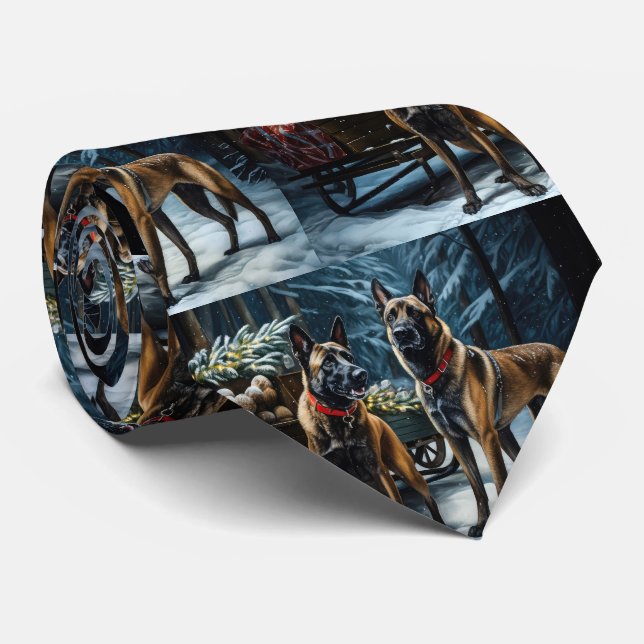 Belgian Malinoi Snowy Sleigh Christmas Decor Tie (Rolled)