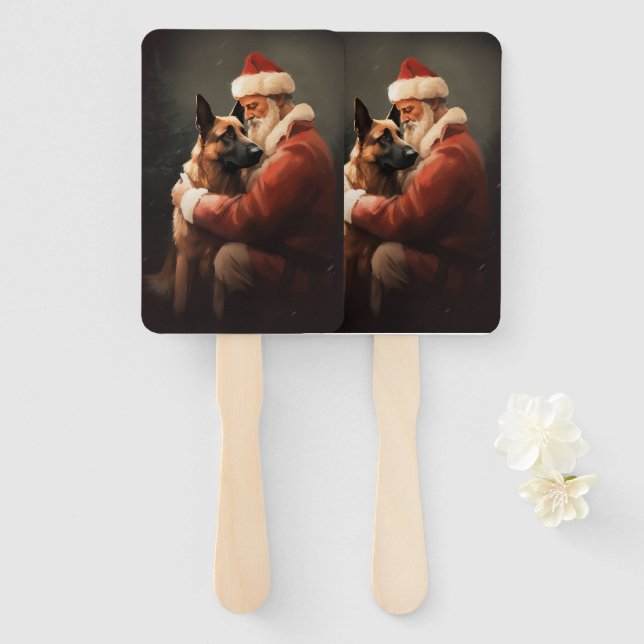 Belgian Malinoi With Santa Claus Festive Christmas Hand Fan (Front and Back)