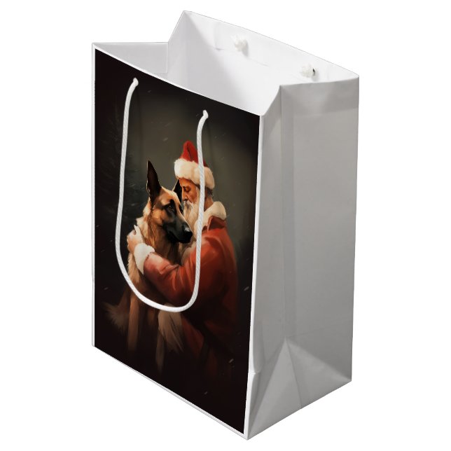Belgian Malinoi With Santa Claus Festive Christmas Medium Gift Bag (Front Angled)
