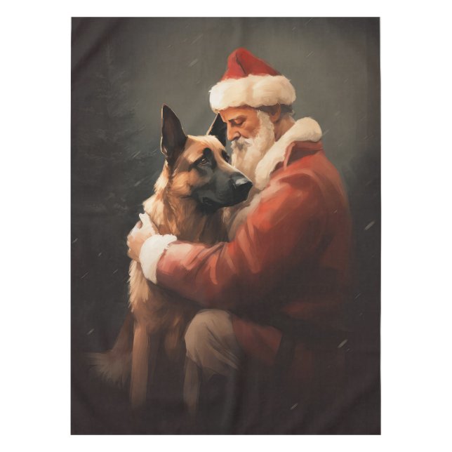 Belgian Malinoi With Santa Claus Festive Christmas Tablecloth (Front)
