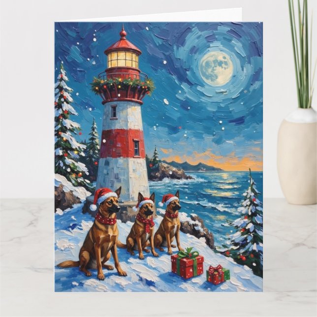 Belgian Malinois Christmas Lighthouse Holiday Card (Front)