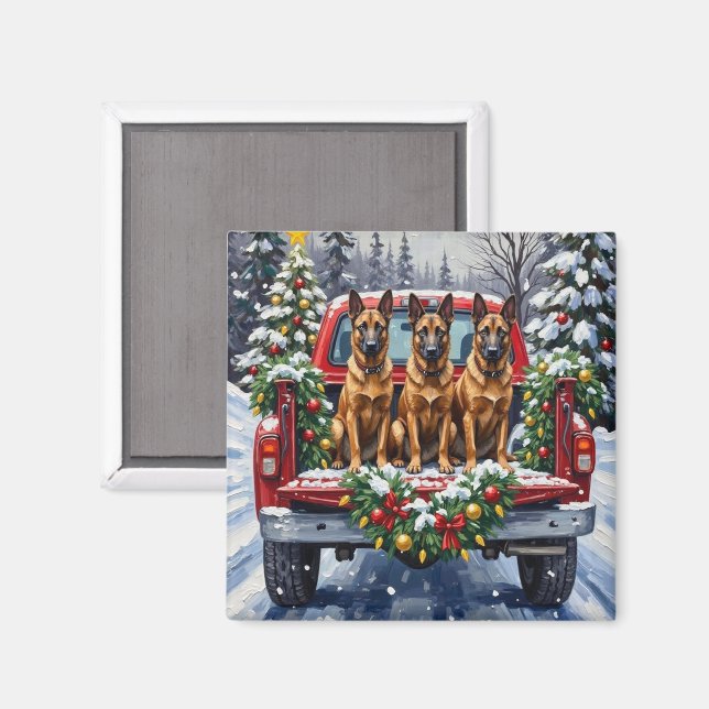 Belgian Malinois Christmas Red Truck Holiday Magnet (Front/Back)