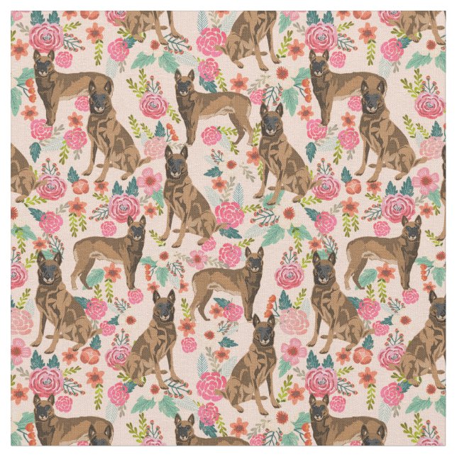 Belgian Malinois dog florals peach Fabric (Close Up)