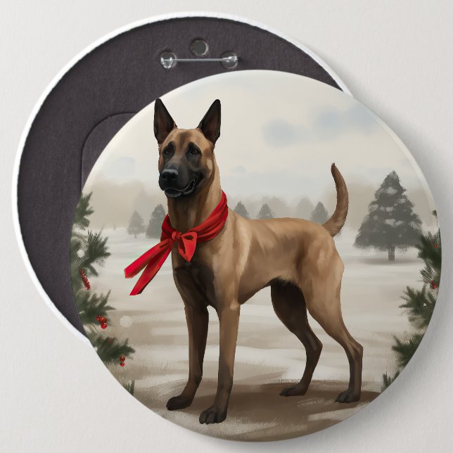 Belgian Malinois Dog in Snow Christmas 6 Inch Round Button (Front & Back)
