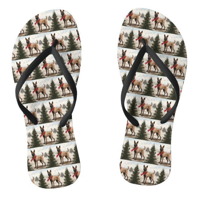 Belgian Malinois Dog in Snow Christmas Flip Flops (Footbed)