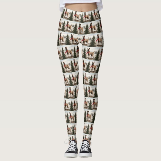 Belgian Malinois Dog in Snow Christmas Leggings (Front)